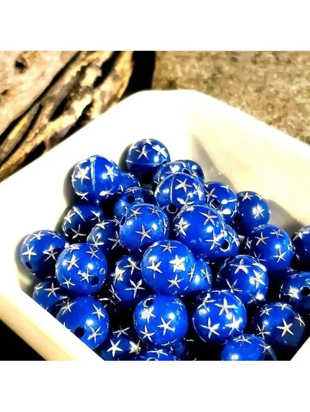 10 Vintage Retro Cobalt Blue Silver Stars 12mm Round Acrylic Shabby Beads